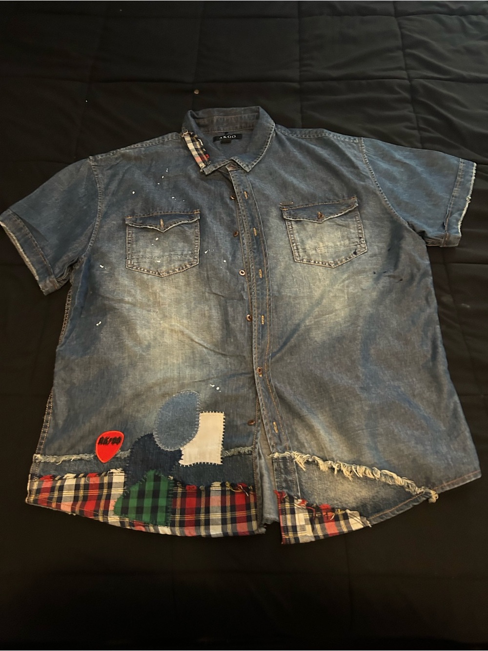 Akoo Vintage-Inspired Blue Denim Short-Sleeve Shirt with Patchwork